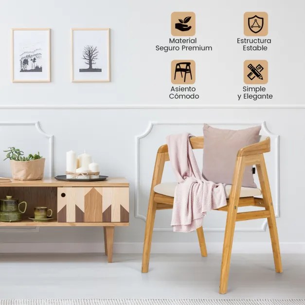 Cadeira de Lazer em Bambu Cadeira de Jantar com Almofada Penteadeira com Encosto Curvo Poltrona para Sala Quarto 54 x 54 x 73 cm Natural
