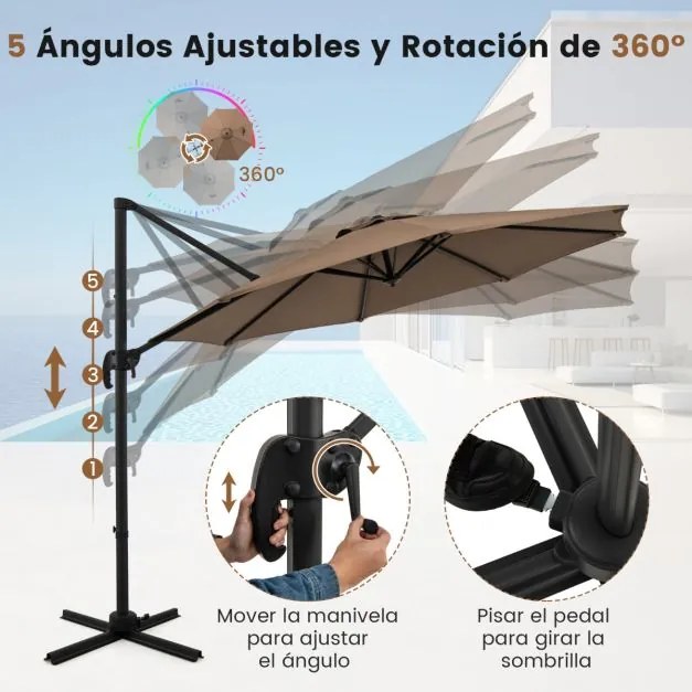 Guarda-sol redondo jardim 294 x 247 cm Guarda-sol suspenso com rotação de 360° Base cruzada 5 inclinações ajustáveis Castanho
