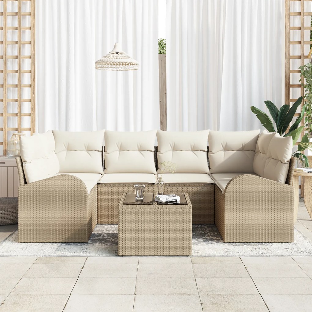 Conjunto de Sofá de 7 Peças para Jardim com Almofadas Bege Poliratan