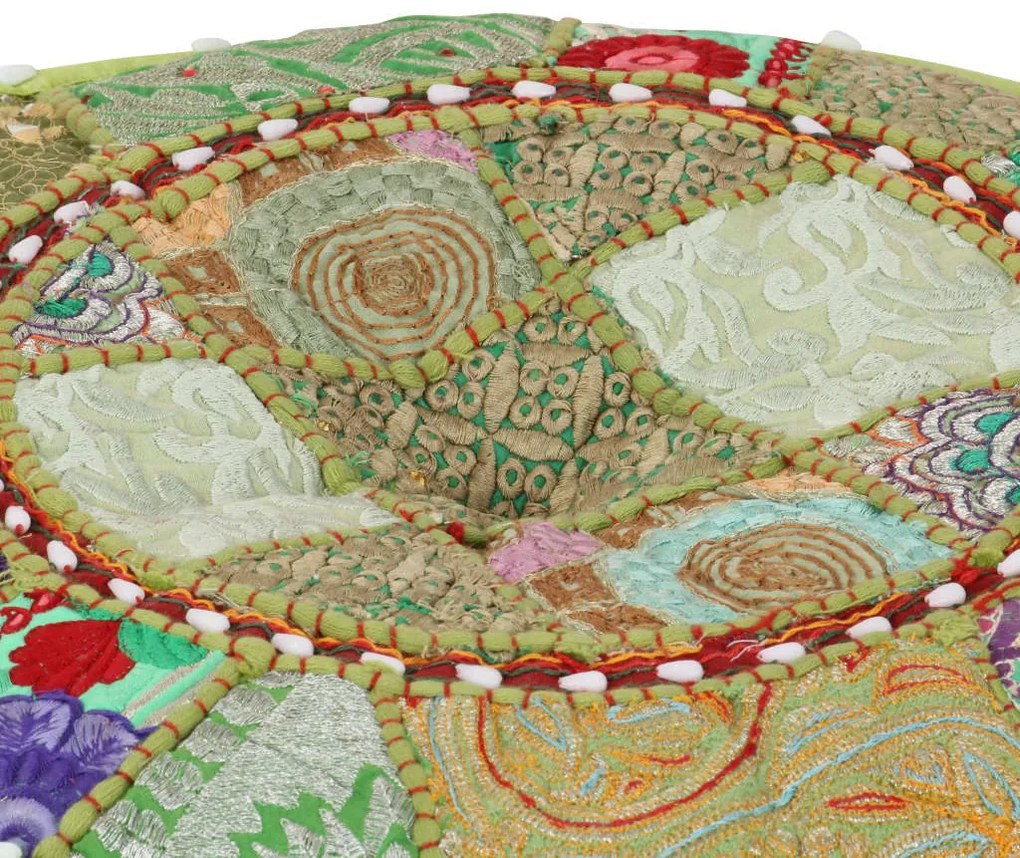 Pufe de retalhos redondo algodão artesanal 40x20 cm verde