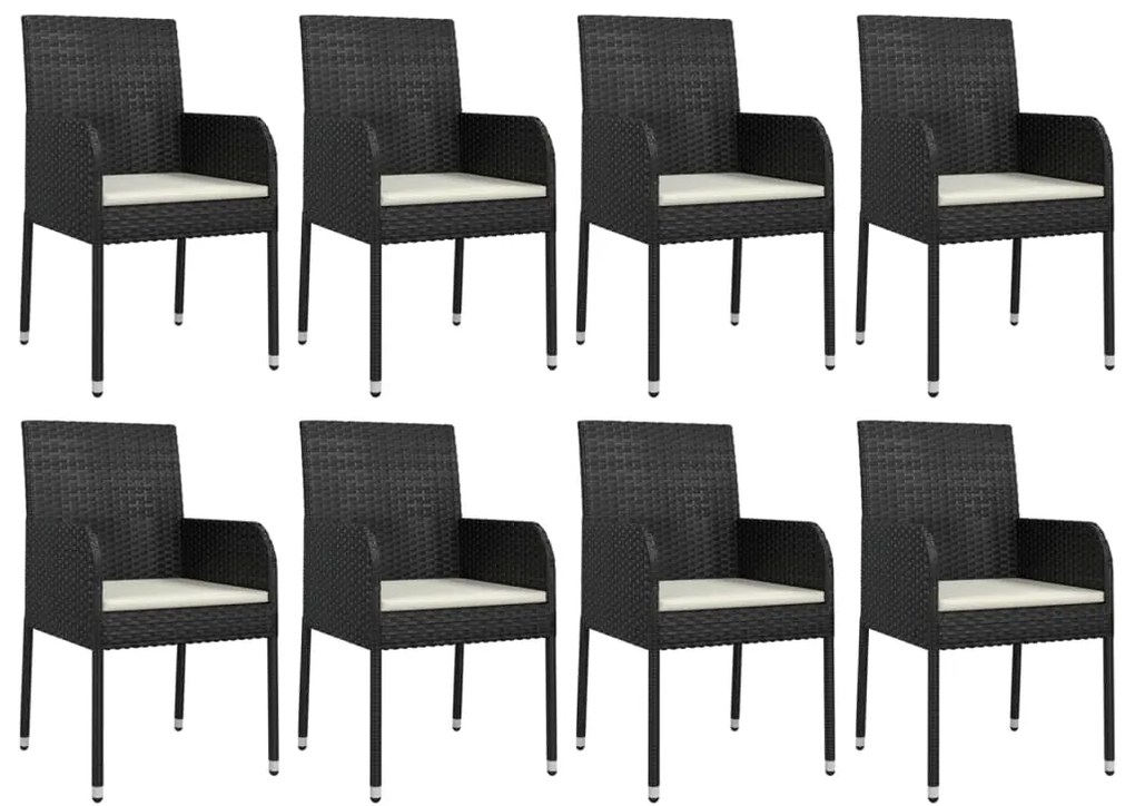 9 pcs conjunto de jantar p/ jardim c/ almofadões vime PE preto