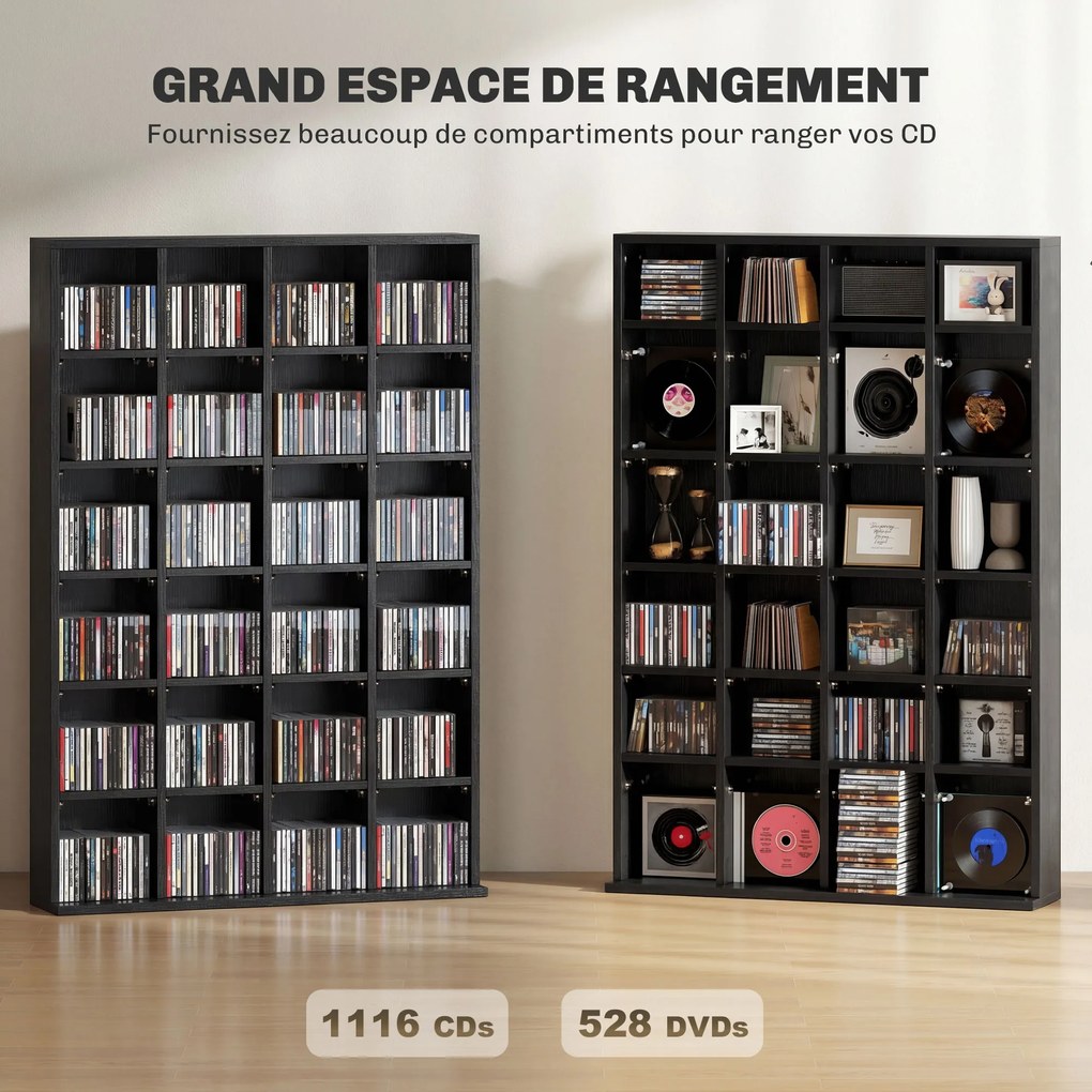 Móvel multimédia com capacidade para 456 CDs/336 DVDs - estante de madeira com prateleiras ajustáveis, 89 x 130,5 cm, preto