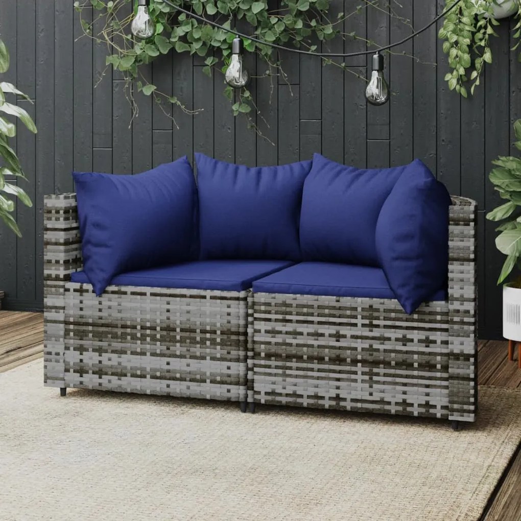 vidaXL Sofás de canto p/ jardim c/ almofadões 2 pcs vime PE cinzento