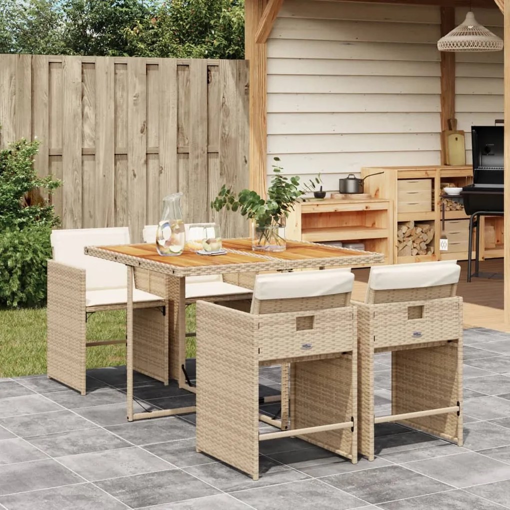 vidaXL 5 pcs conjunto de jantar p/ jardim com almofadões vime PE bege