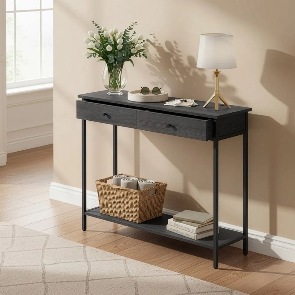 Mesa consola com 2 gavetas 30 x 80 x 100 cm para sala de estar ou hall de entrada, antracite, preto