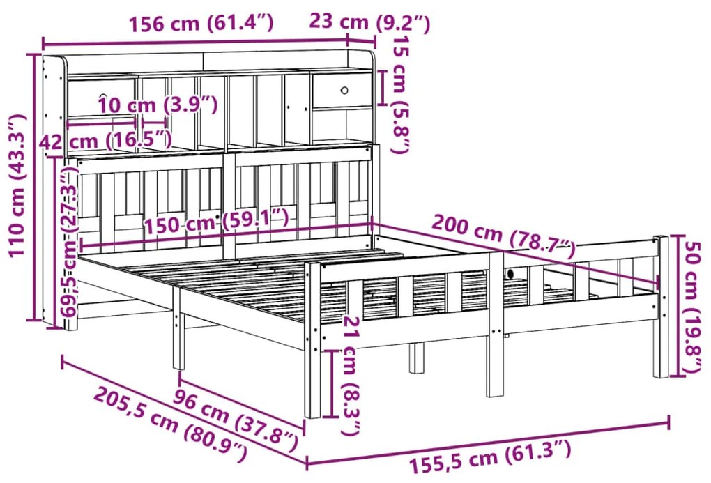 Cama com estante sem colchão 150x200 cm pinho maciço