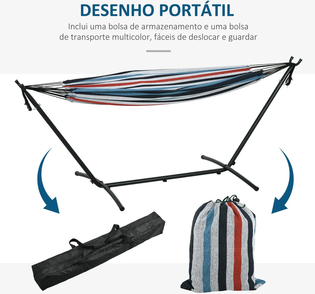 Cama Rede descanso jardim com Suporte 310x117 cm com Bolsa de Transporte Altura Ajustável Capacidade 120 kg para Campismo Azul e Branco