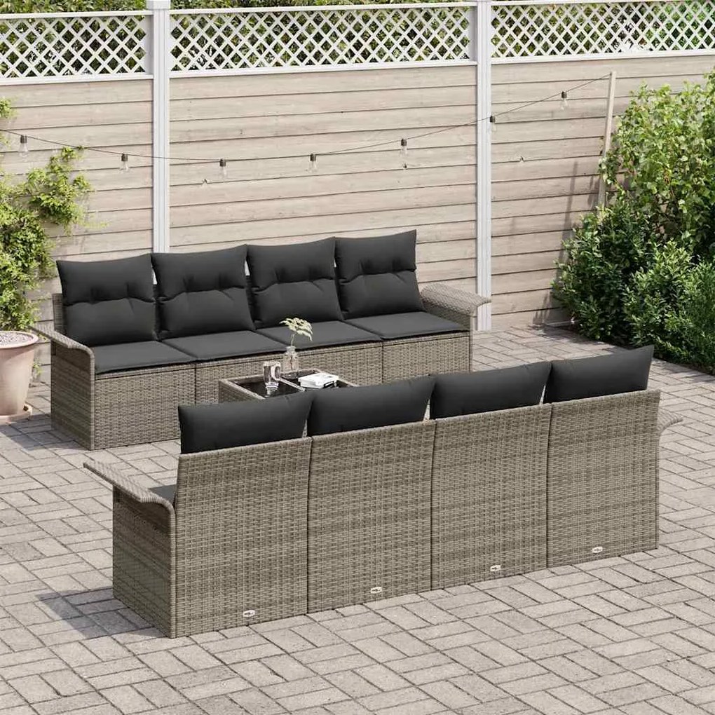 Conjunto de Sofá de Jardim 9 Peças com Almofadas Cinza em Rattan Sinté