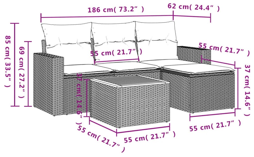 5 pcs conjunto de sofás p/ jardim com almofadões vime PE bege