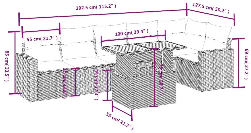 7 pcs conjunto sofás p/ jardim c/ almofadões vime PE cinzento