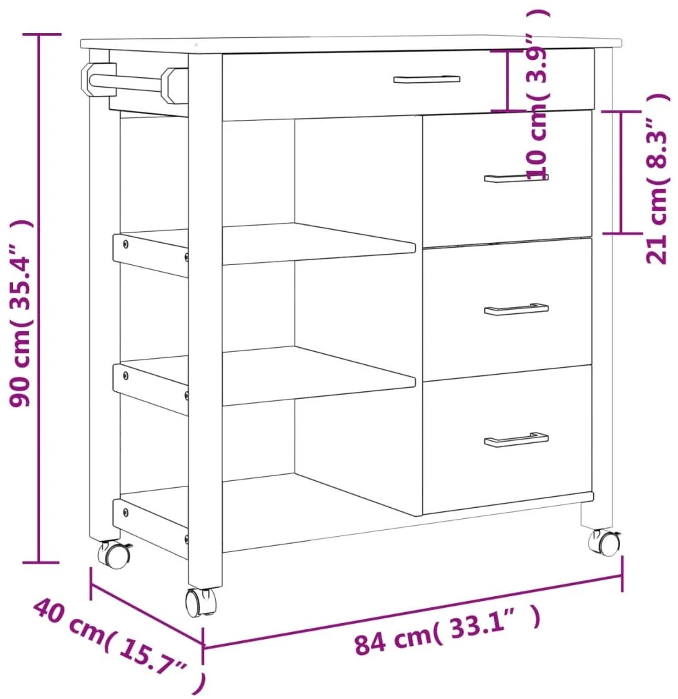 Carrinho de cozinha MONZA 84x40x90 cm madeira de pinho maciça