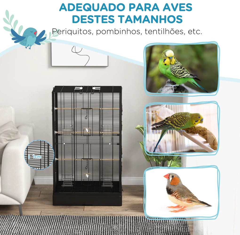 Gaiola para Pássaros 61x36,5x98 cm com Portas Poleiros Bandeja Removível e Alças para Canários Periquitos Preto