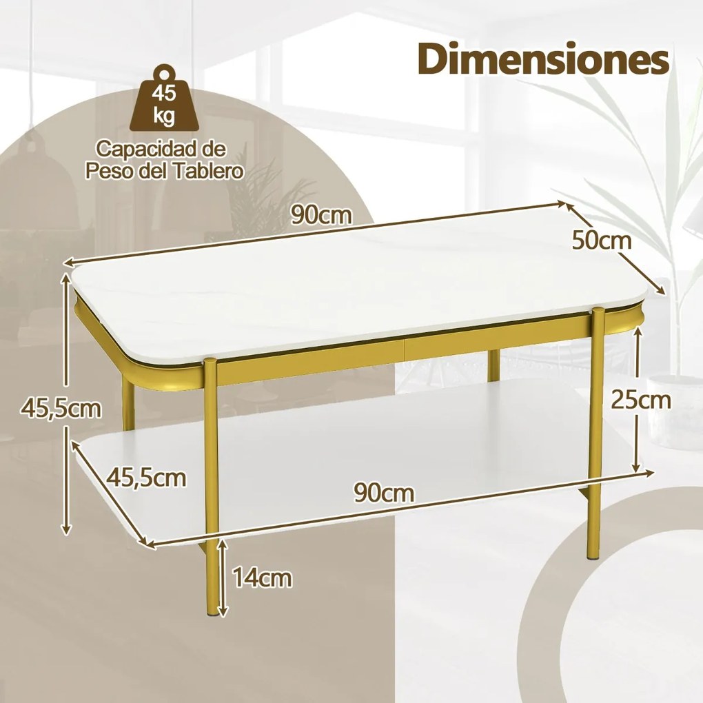 Mesa de centro 90 x 50 x 45,5 cm moderna retangular com 2 níveis, tampo sinterizado e prateleira, estrutura metálica, para sala, Branco + Dourado