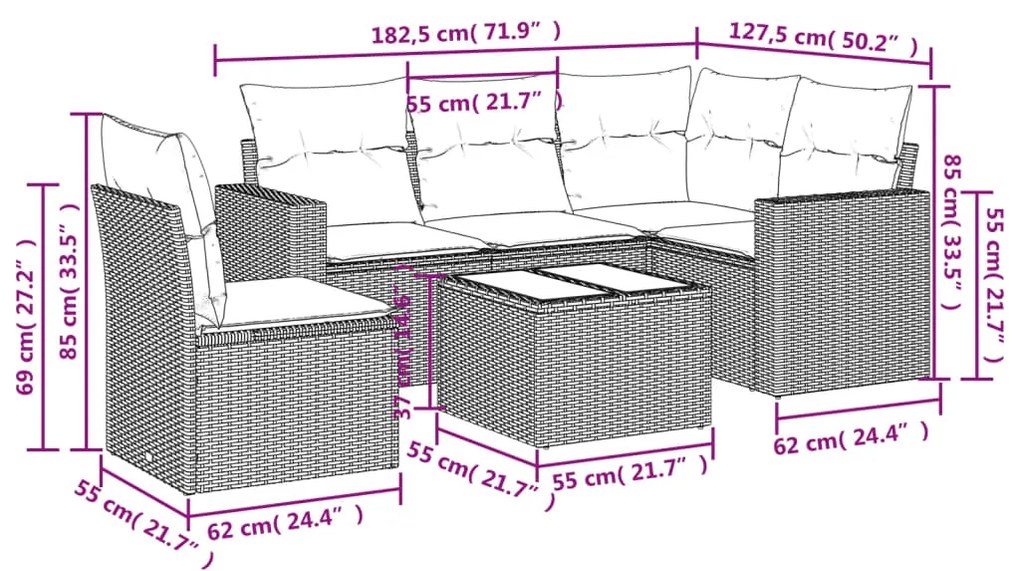 6 pcs conjunto de sofás jardim c/ almofadões vime PE castanho