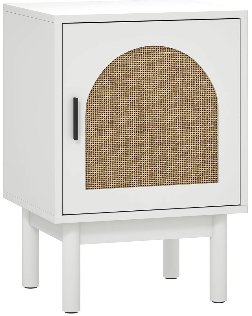 HOMCOM Mesa de Cabeceira com Porta de Vime Prateleira Ajustável e Pés de Madeira Estilo Boémio Mesa Auxiliar 40x35x58 cm Branco | Aosom Portugal