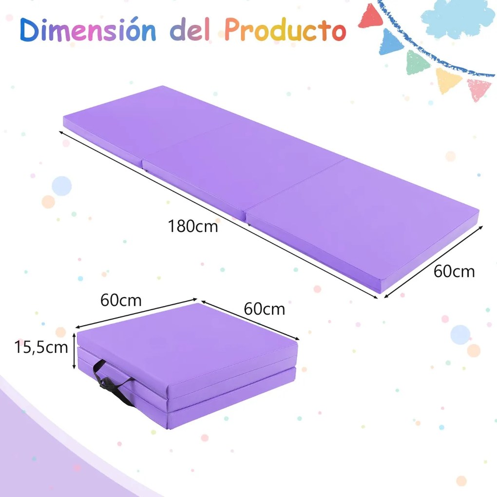 Tapete de exercícios portátil, leve e dobrável de 3 painéis com 2 pegas Ginástica compacta com enchimento de espuma EPE 180 x 60 x 5 cm Púrpura