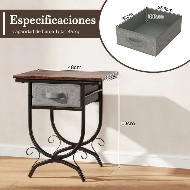 Mesa de cabeceira com gaveta de tecido, tábua de madeira e estrutura metálica 48 x 35 x 53 cm Castanho e cinzento