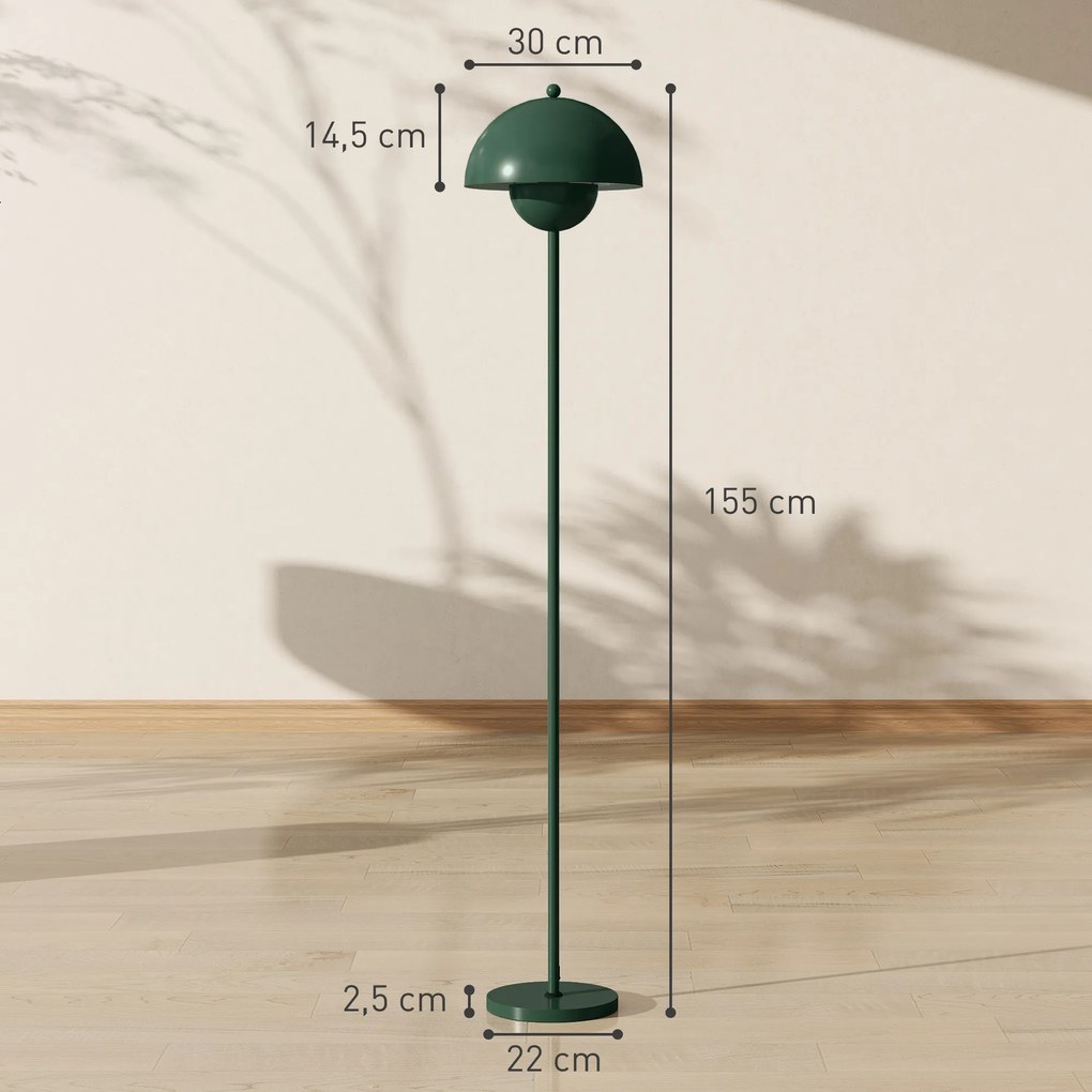 Candeeiro de Pé Moderno com Ecrã em Forma de Taça Refletora de Luz Interruptor de Pé Suporte E27 sem Lâmpada Ø35x155 cm Verde