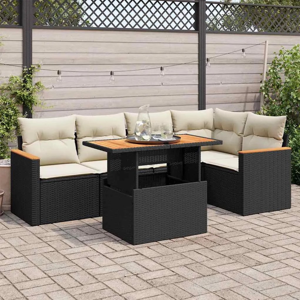 6 pcs conjunto sofás jardim c/ almofadões vime PE/acácia preto