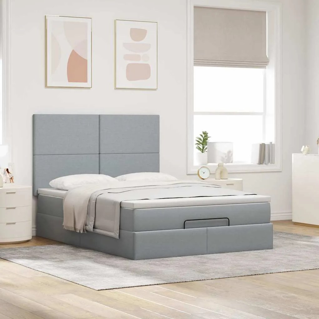 Estrutura cama otomana colchão 140x200cm tecido cinzento claro