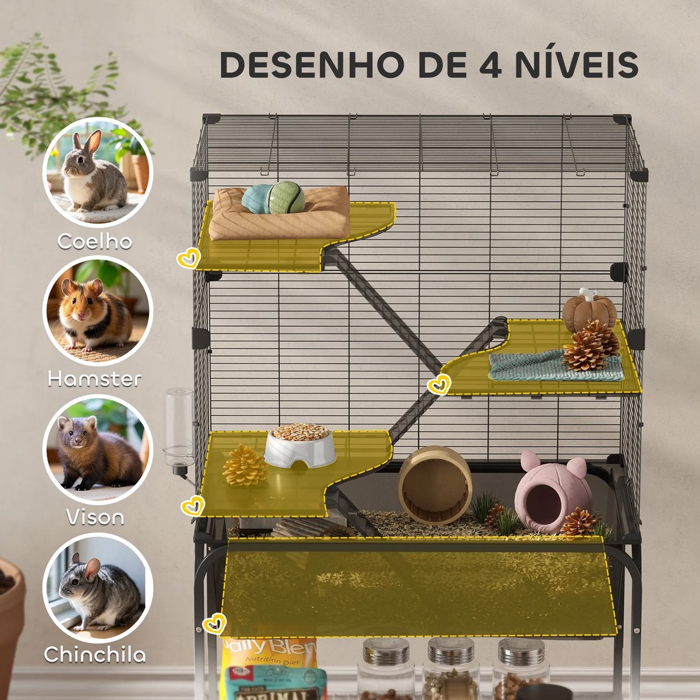 Gaiola para Pequenos Animais de 4 Níveis com Bandeja Inferior Rodas Rampas Comedouro e Bebedouro 73x47x123 cm Preto
