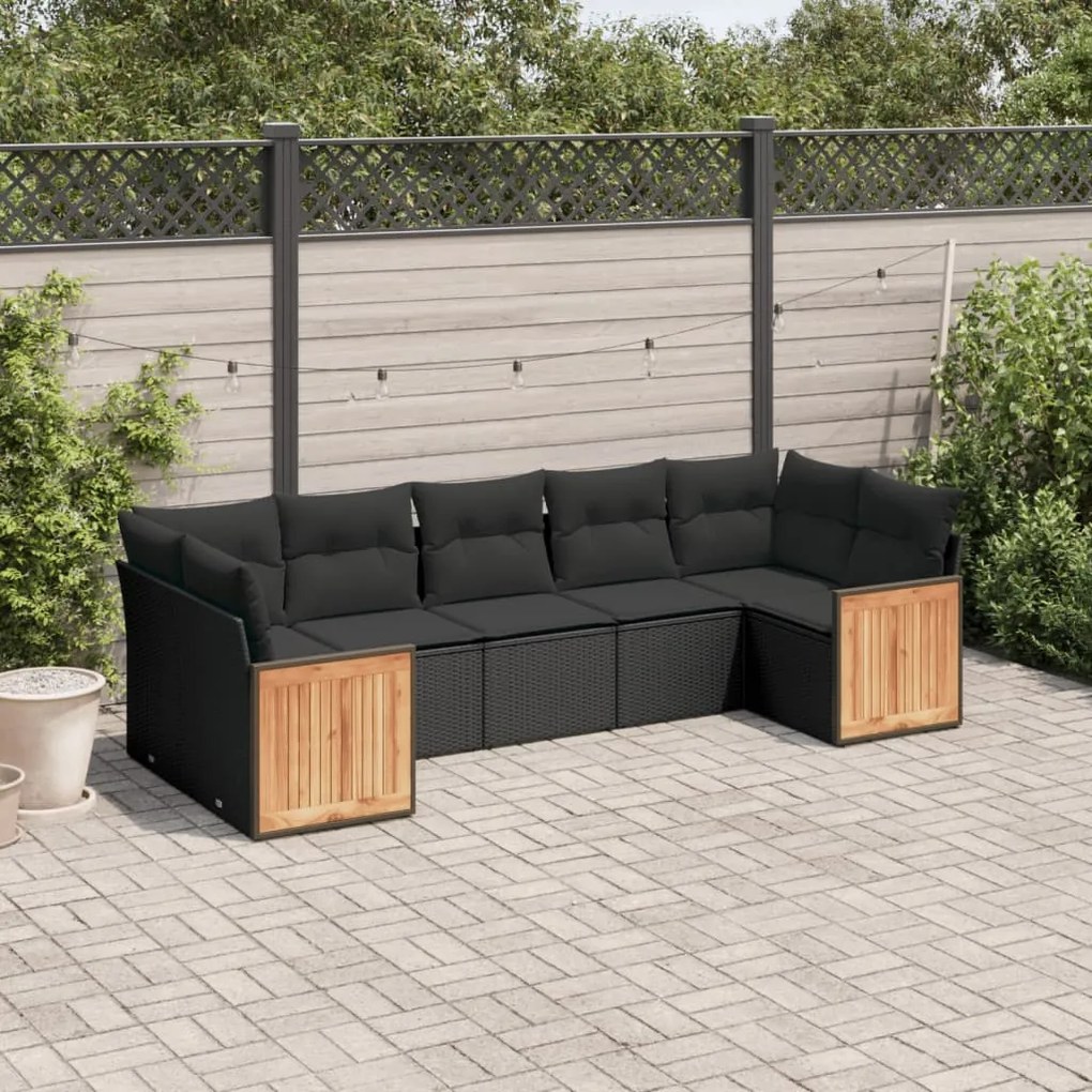 7 pcs conjunto de sofás p/ jardim c/ almofadões vime PE preto