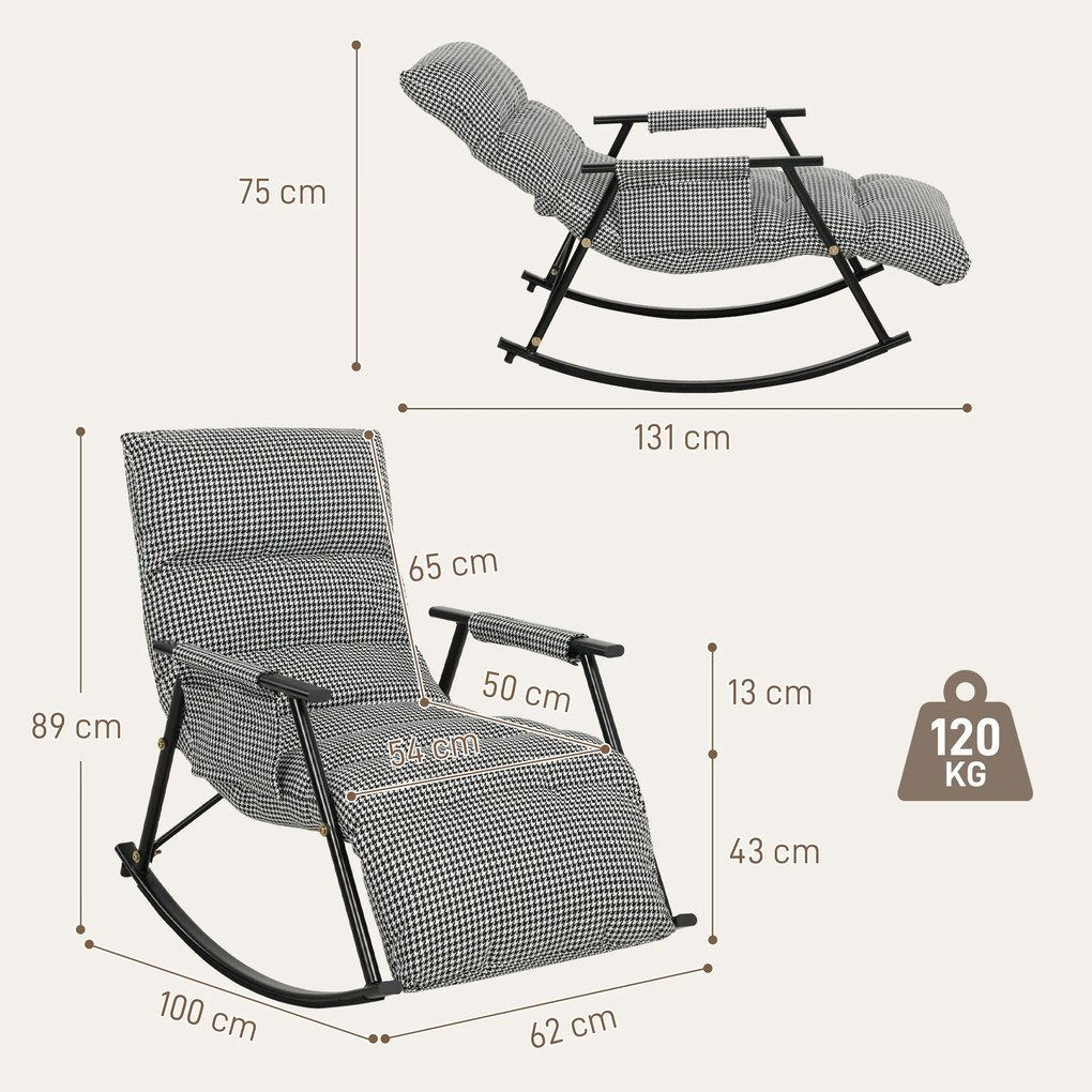 Poltrona Baloiço com Encosto e Apoia-Pés Ajustáveis 105° Estofada em Linho com Bolso Lateral e Estrutura de Metal Preto e Branco