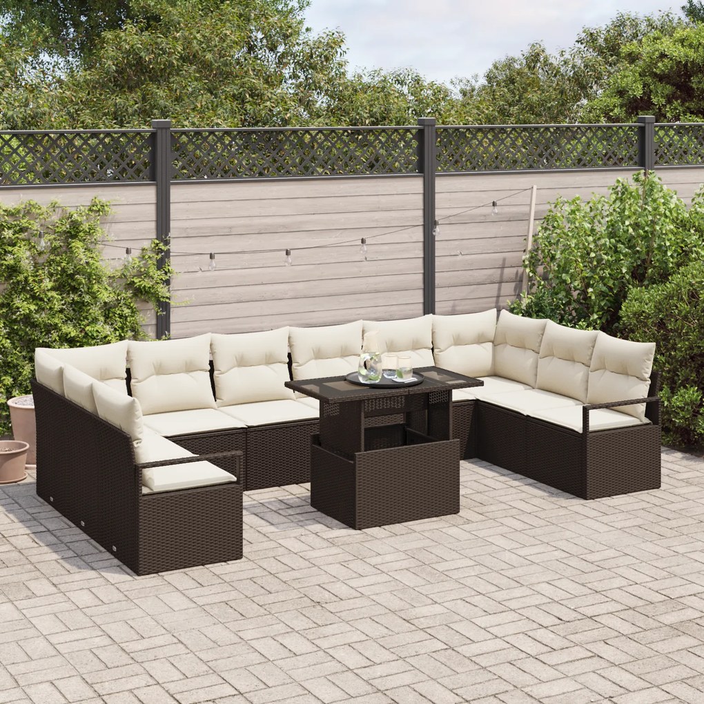 Conjunto de Sofá de Jardim de 11 peças com Almofadas Castanho Rattan P