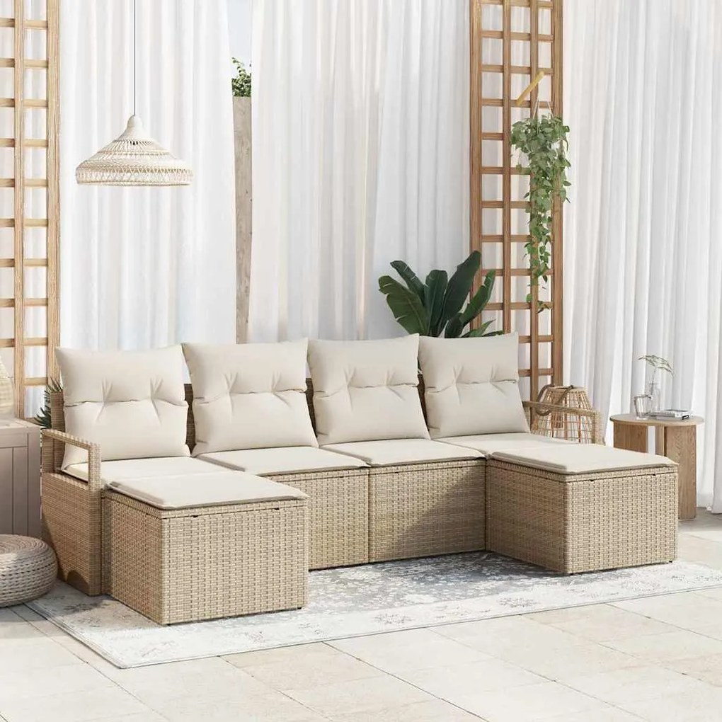 vidaXL Conjunto de sofá para jardim com 6 peças e almofadas bege em rattan sintético