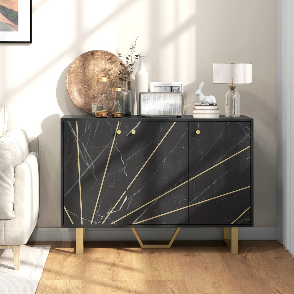 Aparador de Sala de Estar com 2 Armários e Prateleira Interior Ajustável com Efeito Mármore 107x35x75 cm Preto e Dourado