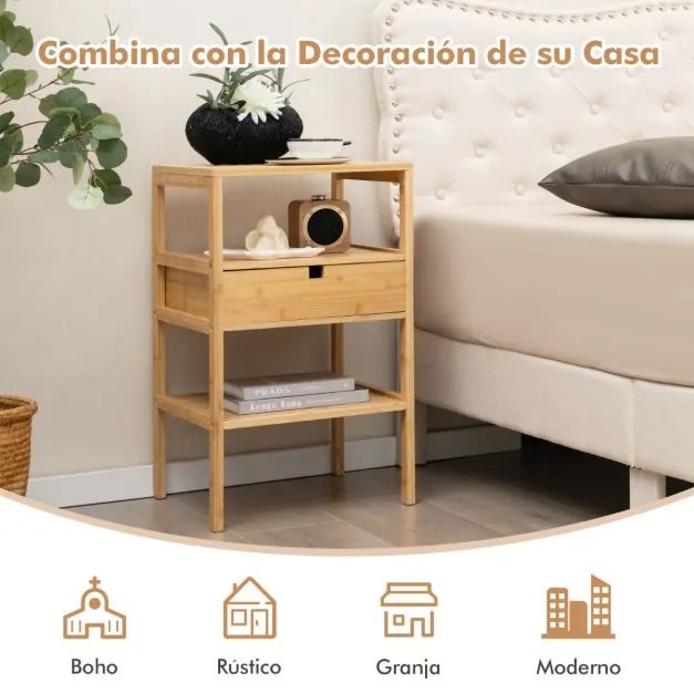 Mesa de cabeceira multiusos em bambu com gaveta e estante com ranhuras Mesa de apoio de 3 níveis para o quarto, sala de estar 40 x 40 x 68 cm Natural