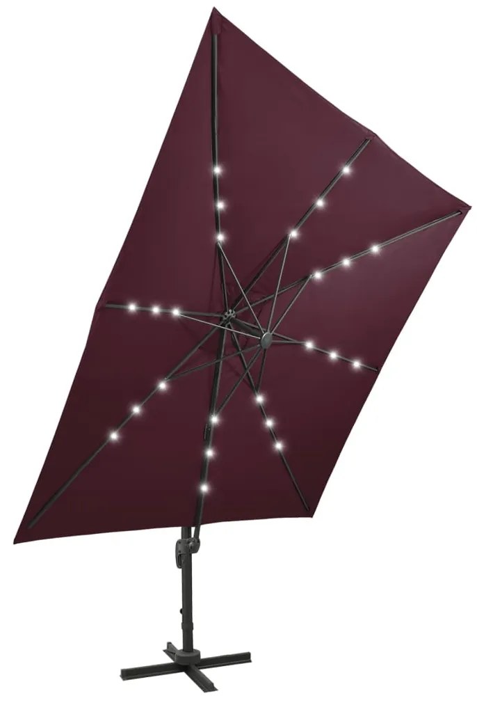 Guarda-sol jardim cantilever c/ poste e luzes LED 300 cm bordô