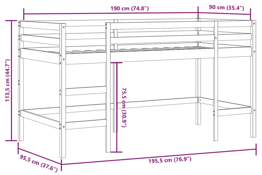 Cama alta p/ criança c/ escada 90x190 cm pinho maciço branco