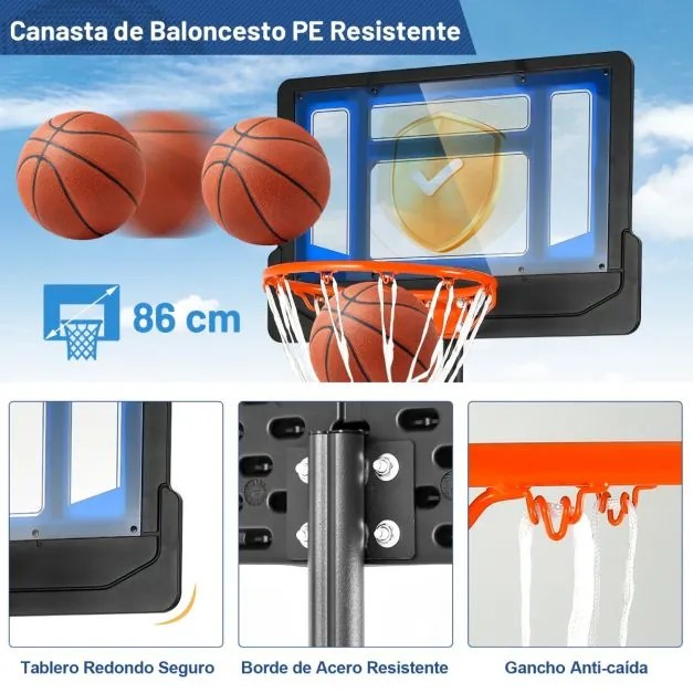 Cesto de basquetebol para crianças com altura ajustável 132-250 cm resistente às intempéries Azul e Preto