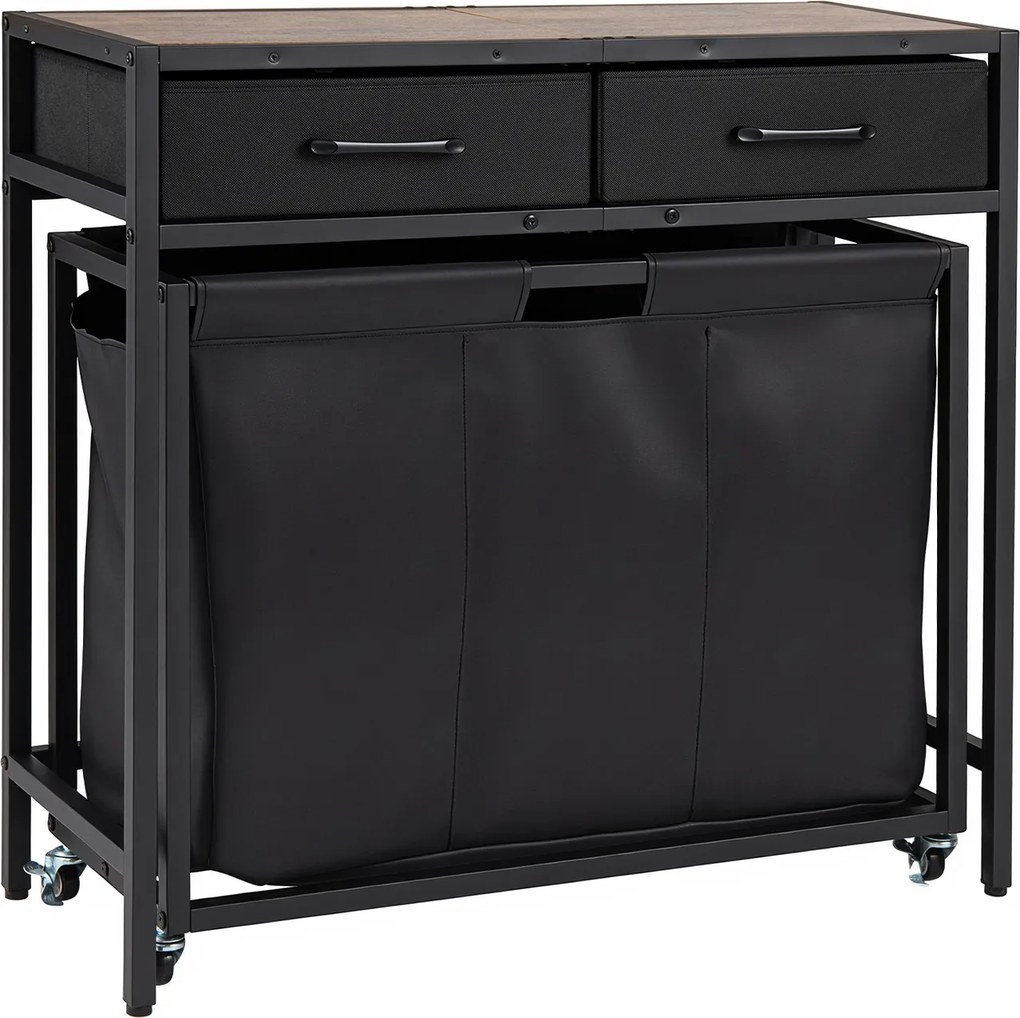 Cesto para Roupa Suja com Rodas, 80 x 32 x 77 cm, Três Compartimentos, Castanho