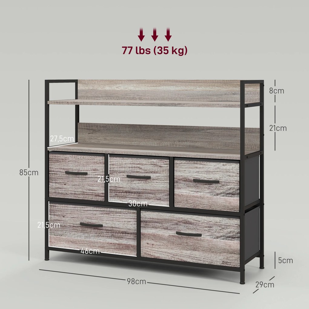 Móvel de arrumação de estilo industrial com 5 gavetas em tecido, dobráveis e removíveis, e prateleiras - 98 x 29 x 85 cm