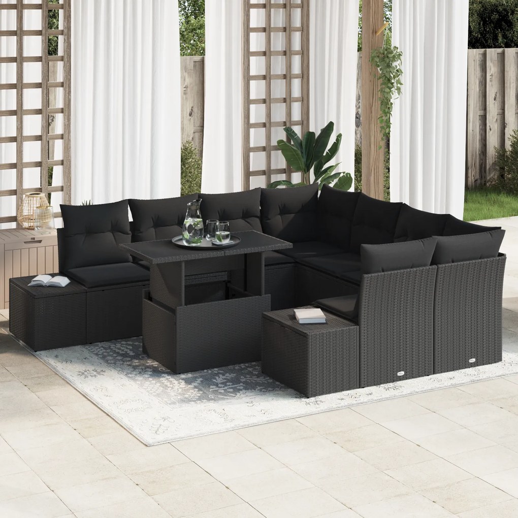 Conjunto de Sofá de Jardim de 9 Peças com Almofadas Preto em Rattan Si