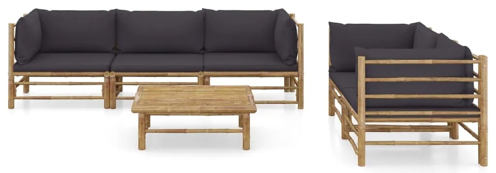 6 pcs conj. lounge jardim em bambu c/ almofadões cinza-escuro