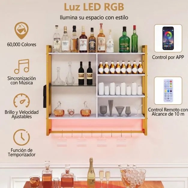Prateleira suspensa 107 x 24 x 96 cm com luzes LED, controlo remoto via app, 6 níveis, 8 ganchos em S e bolso lateral para cozinha, bar ou casa – Bran