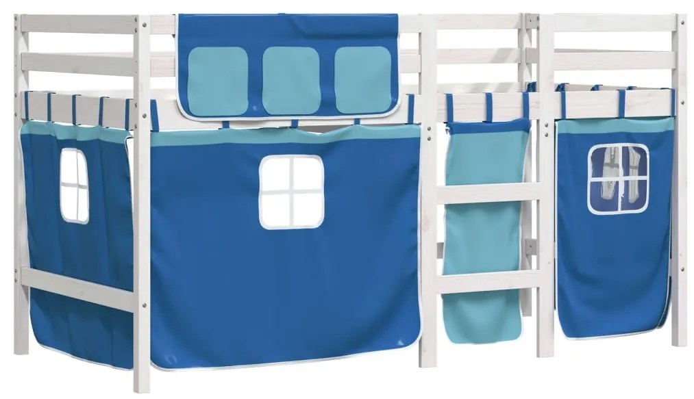 Cama alta p/ criança c/ cortinas 90x200 cm pinho maciço azul