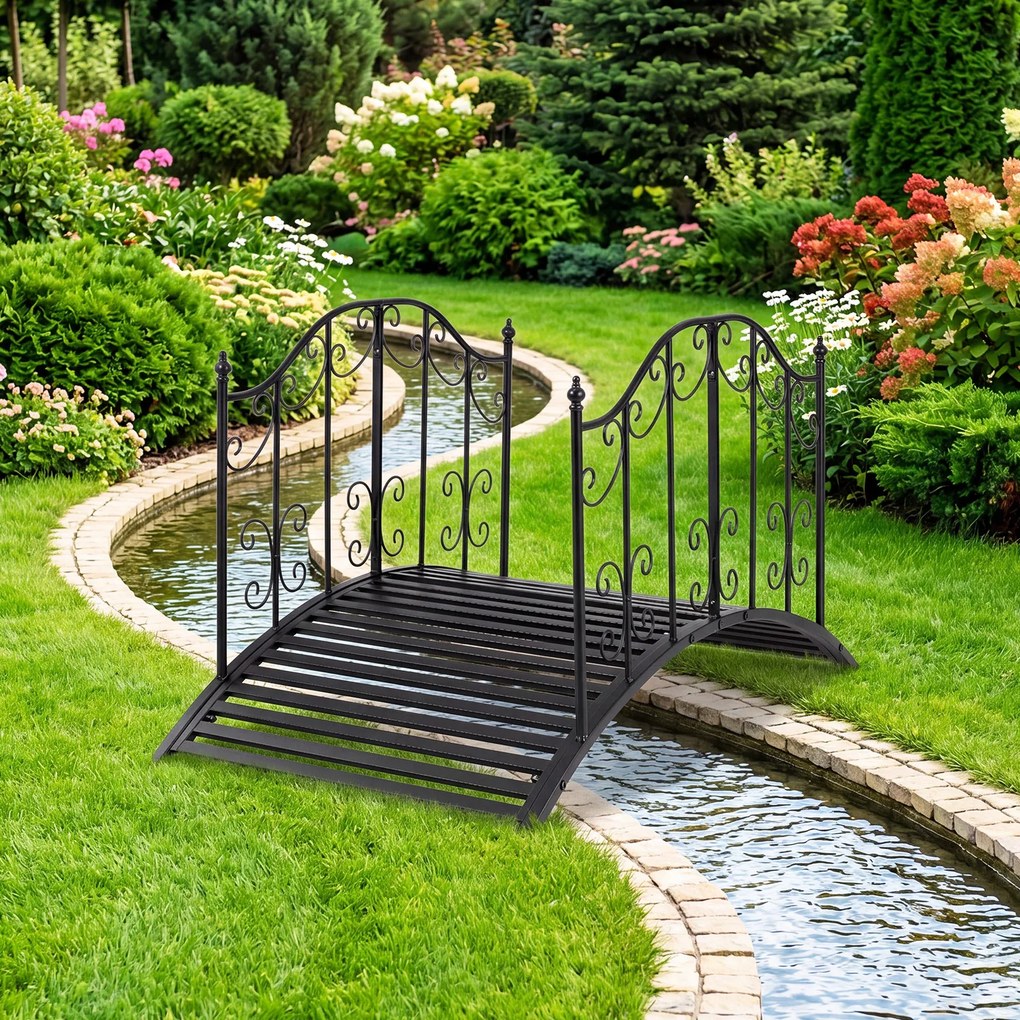 Ponte de jardim em metal com corrimões laterais e design elegante 118 x 67 x 70 cm; capacidade de carga de 150 kg; para lagos, ribeiros, jardim e relv