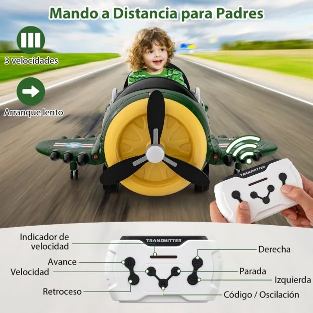 Avião elétrico para crianças com joysticks de controlo remoto Perfis aerodinâmicos dobráveis e hélice rotativa Verde