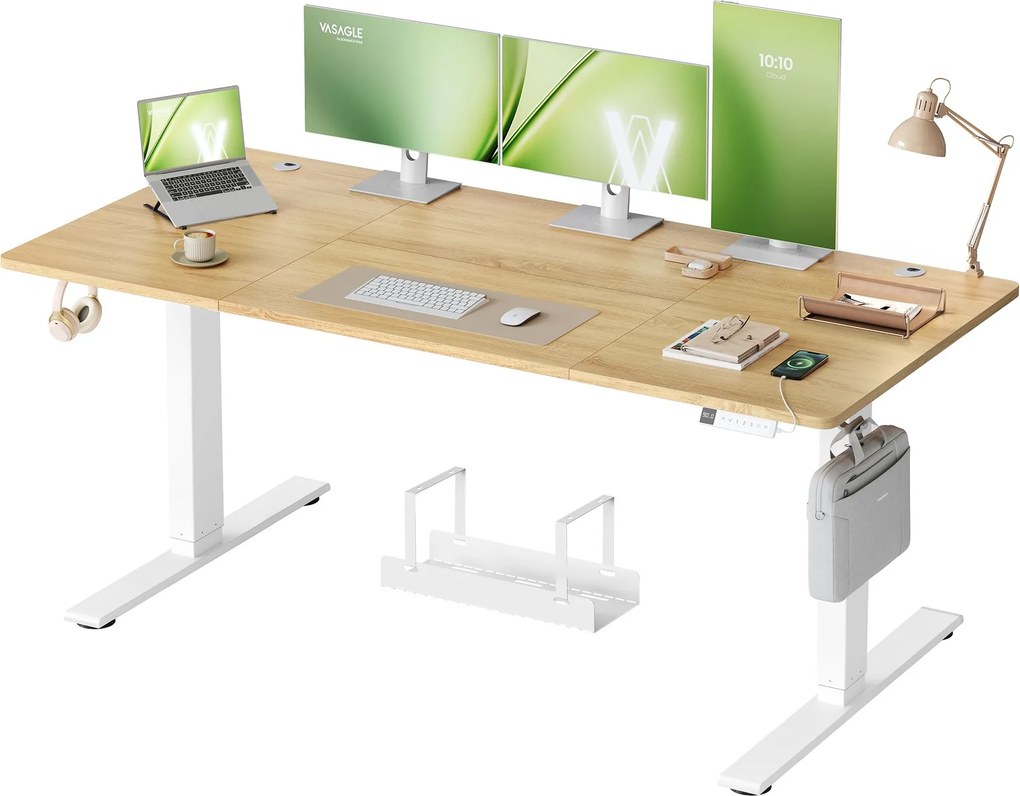Secretária elétrica ajustável em altura com porta USB-C, 180 x 80 cm carvalho dourado e branco