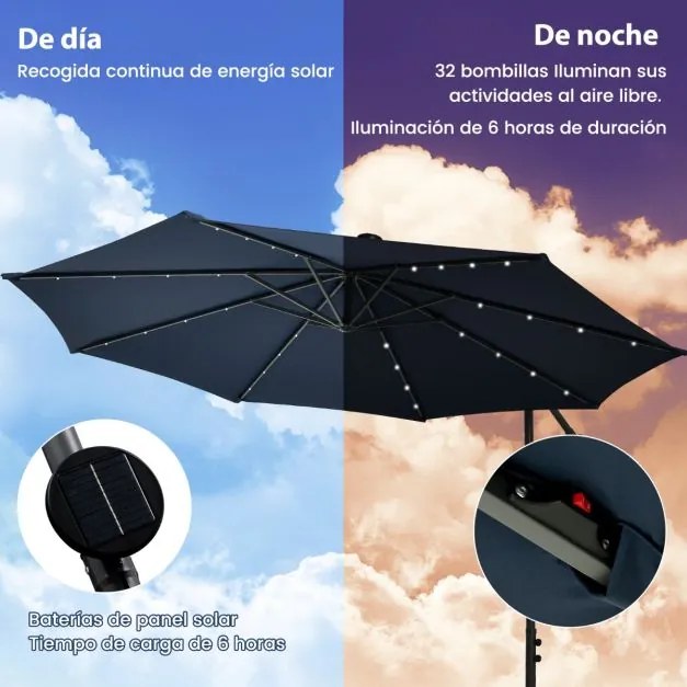 Guarda-sol de 3m com pega 32 luzes LED Painel solar com base de saco de areia pátio jardim piscina Azul