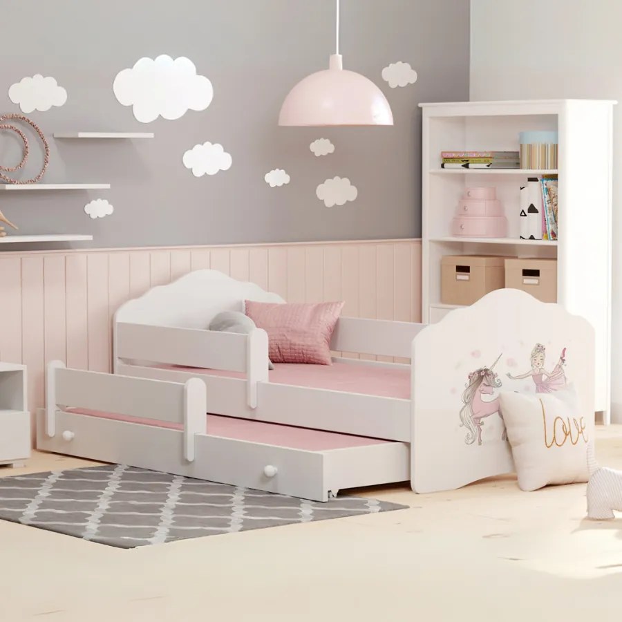 Cama infantil dupla branca 160x80 unicórnio e princesa -colchão e estrado incluído