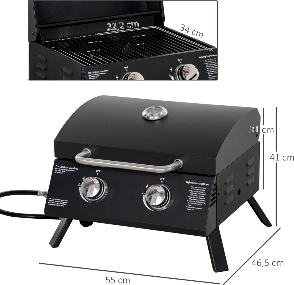 Grelhador a gás de mesa portátil com pés dobráveis - 2 queimadores de 5 kW - Churrasqueira a gás para campismo - Grelha de cozedura, tabuleiro para go