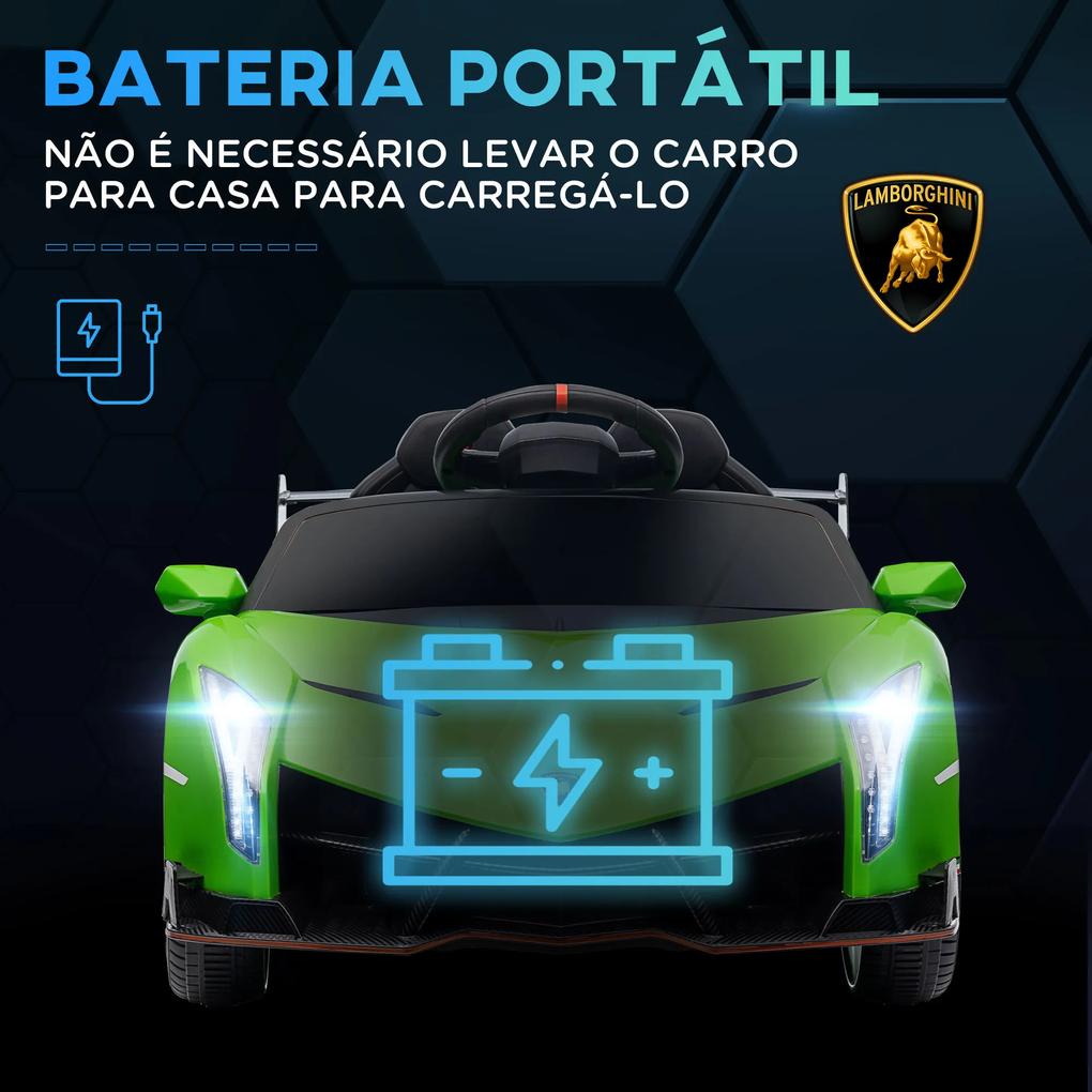 Carro Elétrico Lamborghini 12V Velocidade Máxima 7 km/h com Controlo Remoto MP3 Luzes e Cinto de Segurança 111x61x45 cm Verde