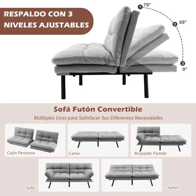 Sofá-cama conversível dobrável Futon de 3 lugares com encosto e apoios de braços ajustáveis para casa e escritório Cinzento