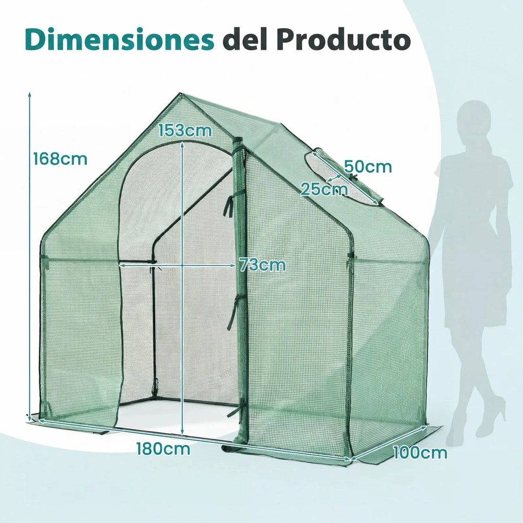 Estufa de jardim em forma de túnel 180 x 100 x 168 cm, impermeável, com porta enrolável e janela coberta em PE, Estrutura metálica para terraço, horta