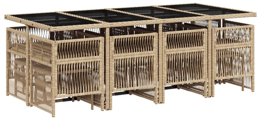 13 pcs conjunto de jantar p/ jardim com almofadões vime PE bege